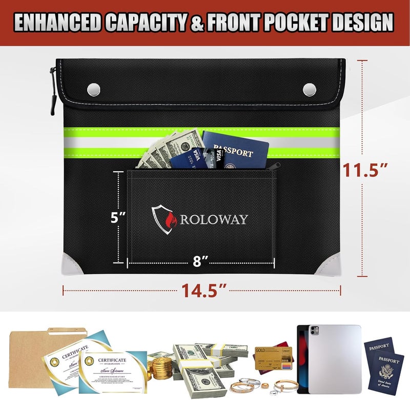 ROLOWAY Upgraded Fireproof Document Bag (14.5 x 11.5 inch) with 6400℉ Aluminum Foil Layer, Fireproof Safe Bag for Documents with Front Pocket and Reflective Strip - Image 4